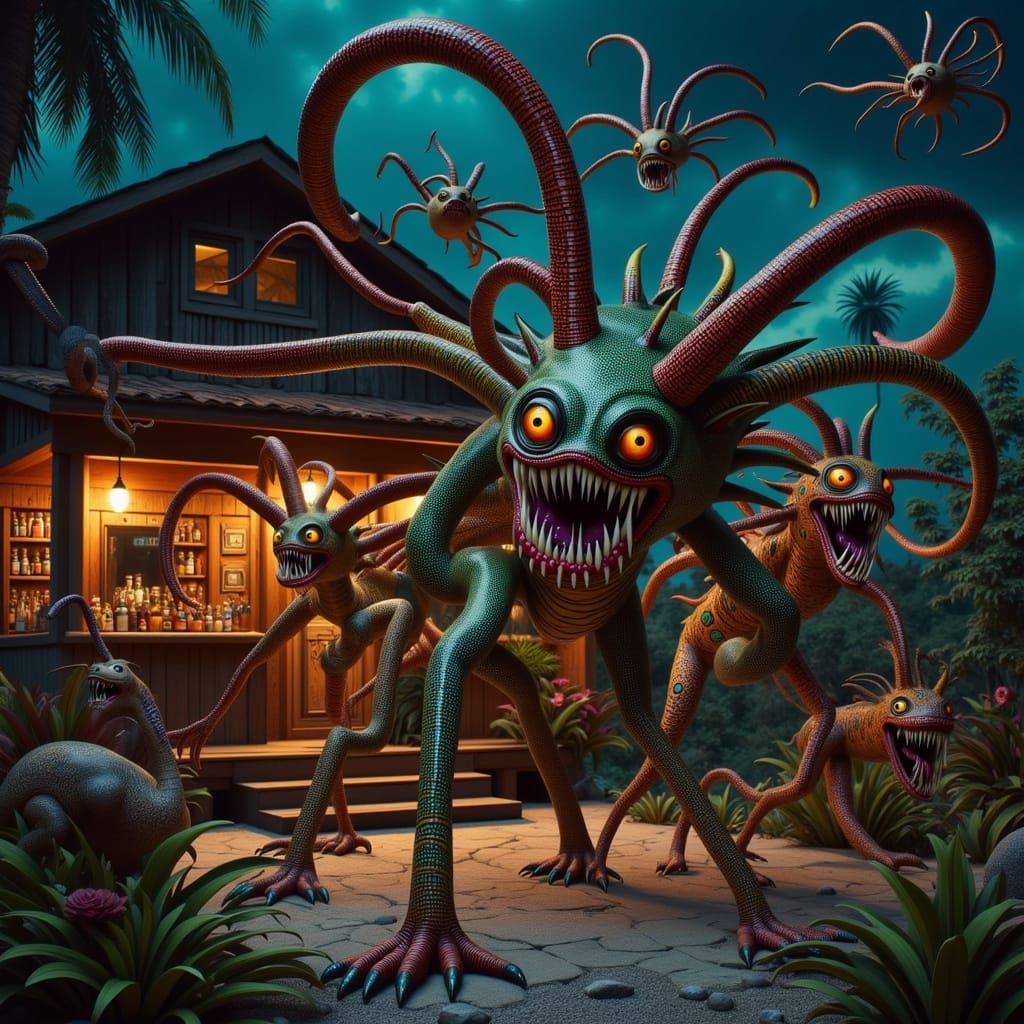 Eerie Hybrid Creatures Surround Rustic Cabin in Surreal Nigh...