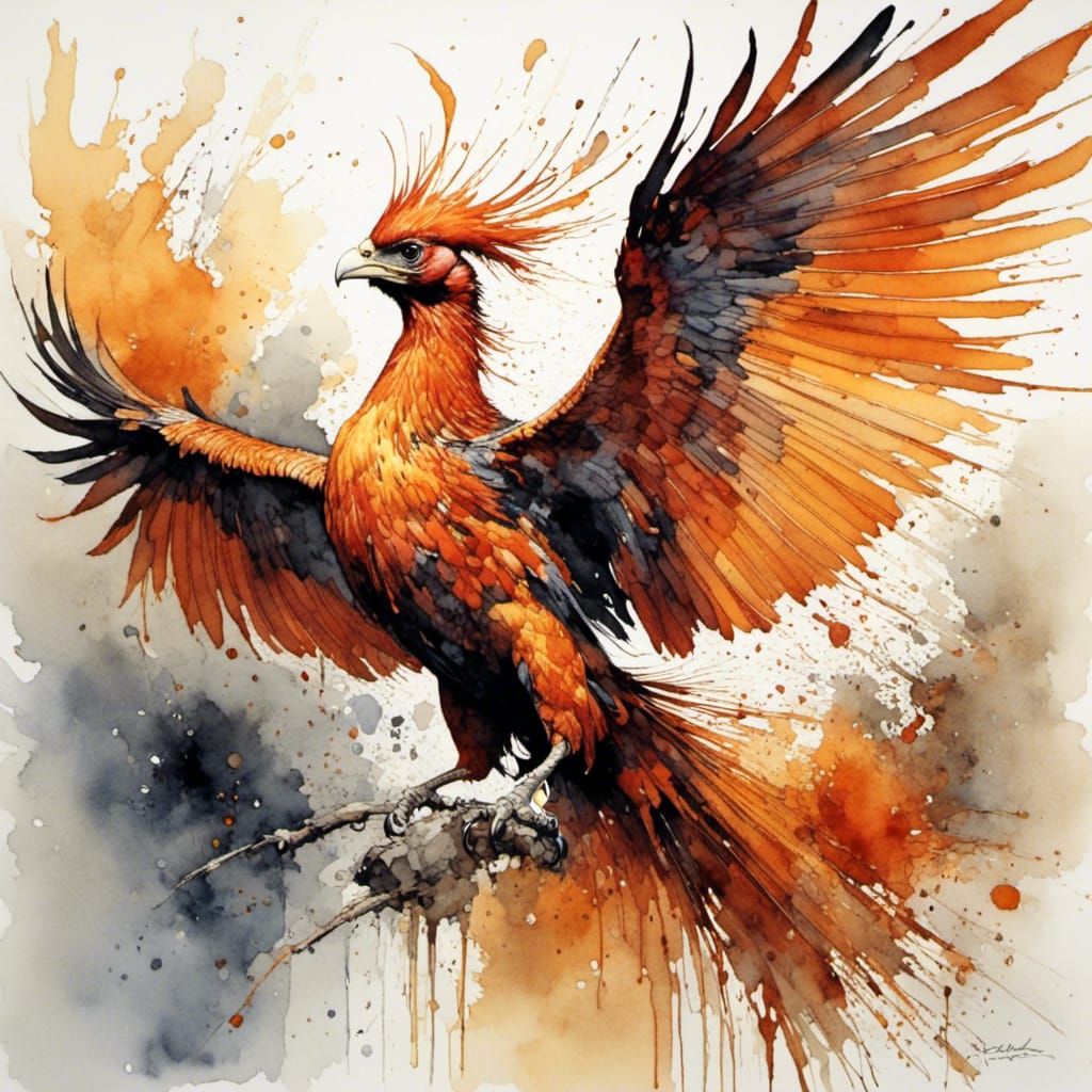 Fiery Phoenix Rising: Avian Ink Art