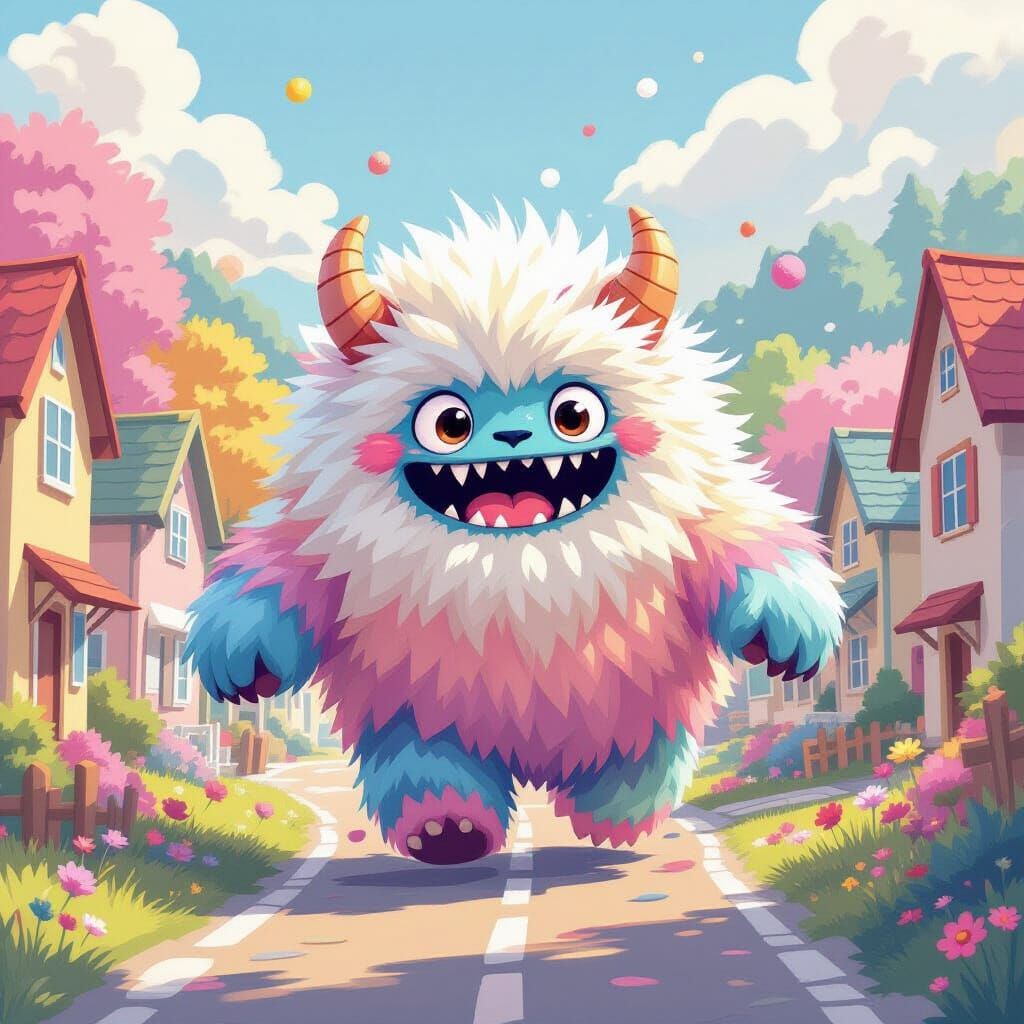 Fluffy Pom-Pom Monster Rampage in Whimsical Style