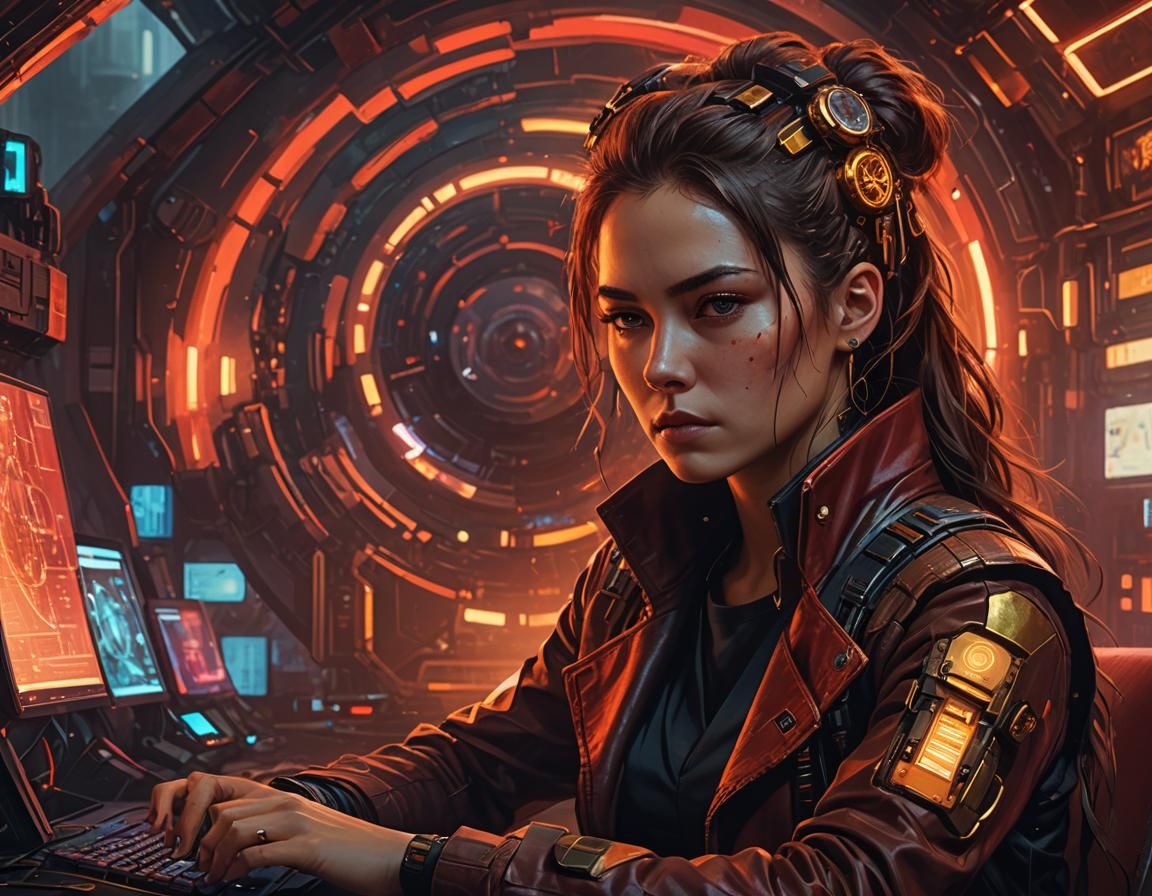 Cyberpunk Woman at Desk with Futuristic Computer