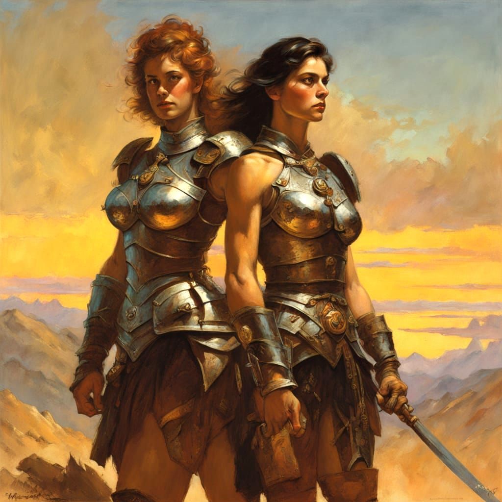 Mother and Daughter Warriors in Medieval Armor Oil Painting