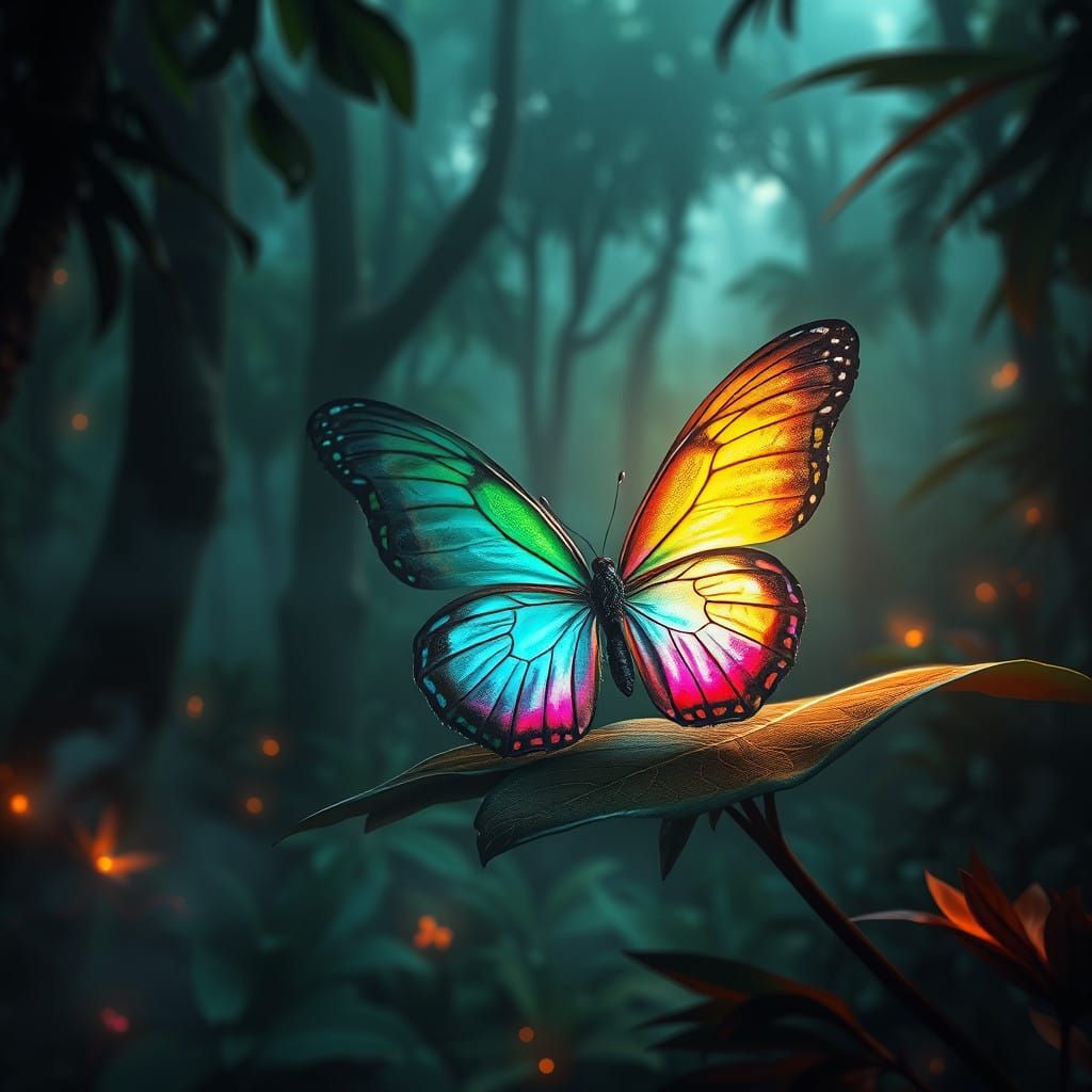 Luminous Rainforest Butterfly in Ethereal Splendor
