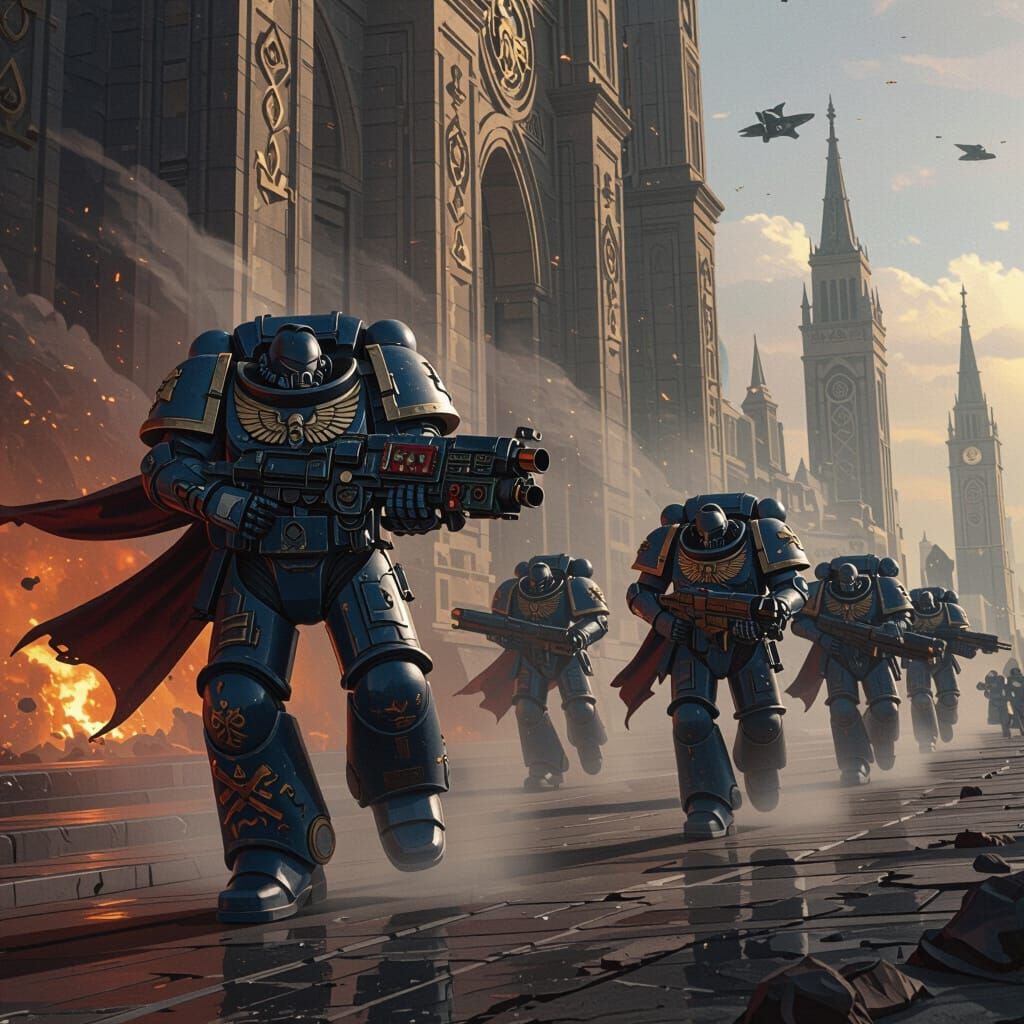 Space Marines Fleeing Terra in a Matte Painting Style
