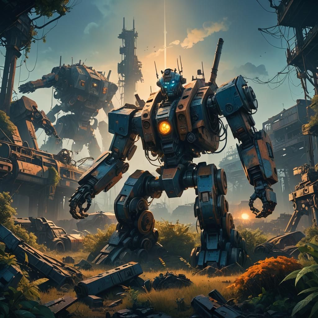Dystopian Sci-Fi Graveyard: Giant Robots in Golden Light