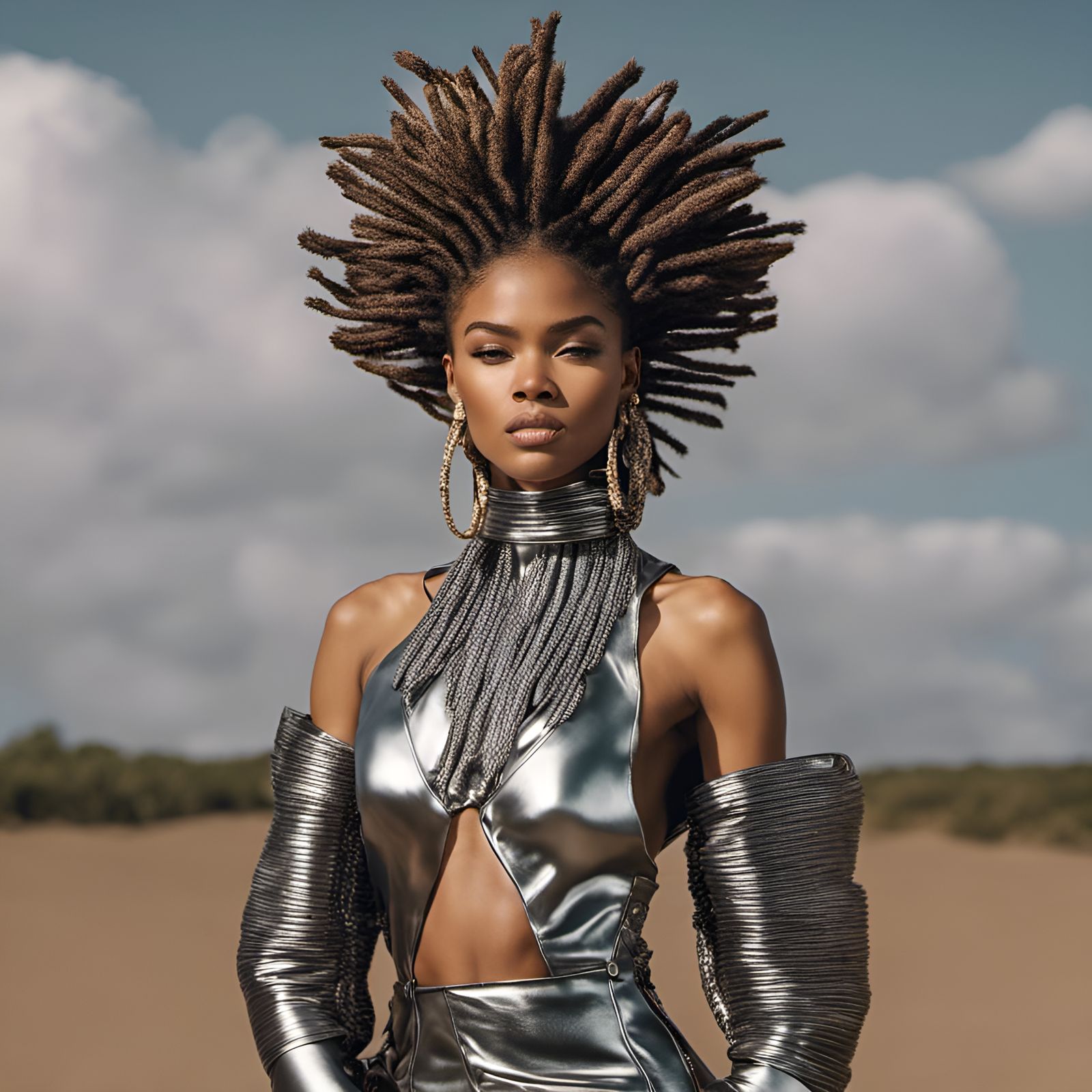 Afrofuturistic Fashion Editorial with Braided Hairstyle
