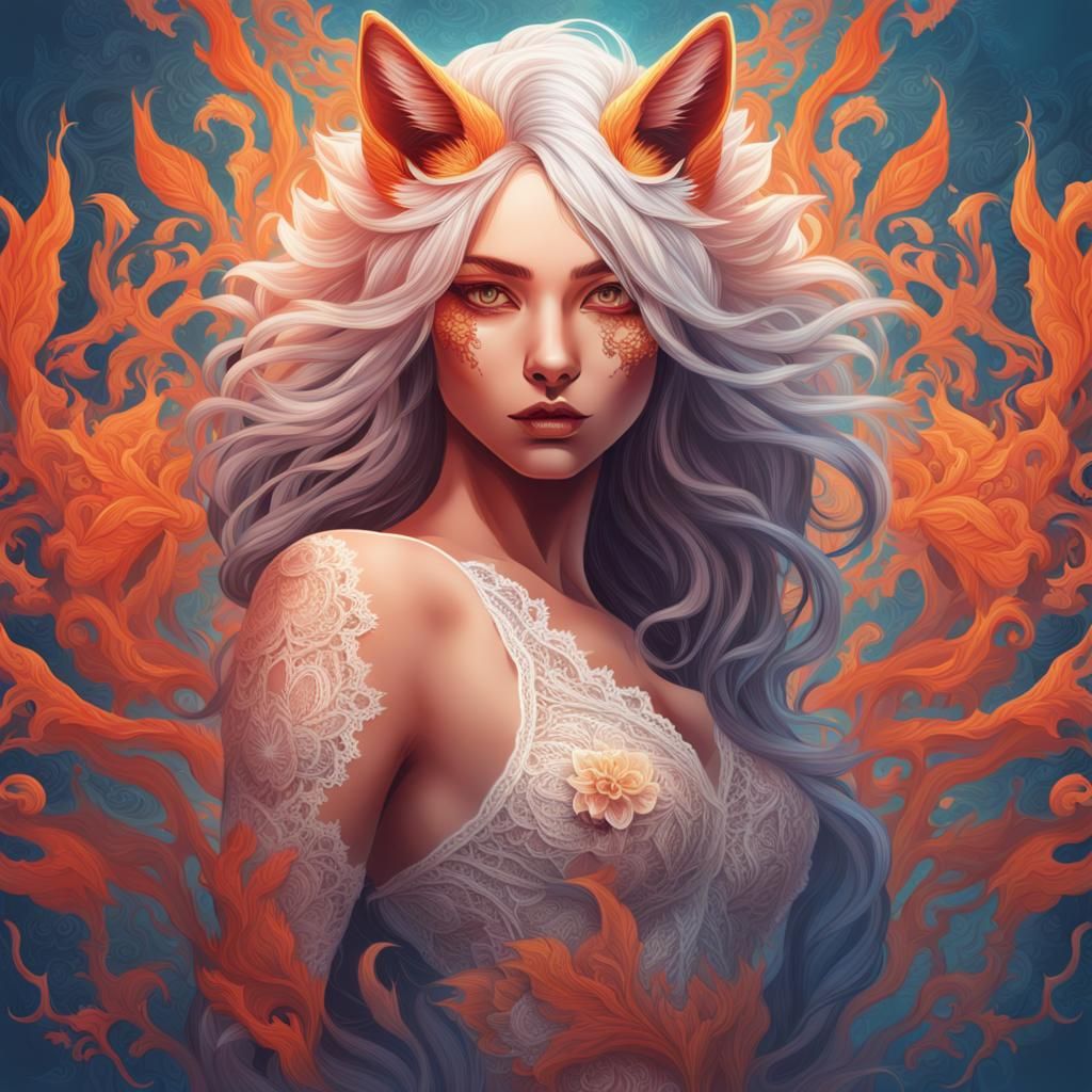 Nine-Tailed Fox Woman: Hyperrealistic Splash Art