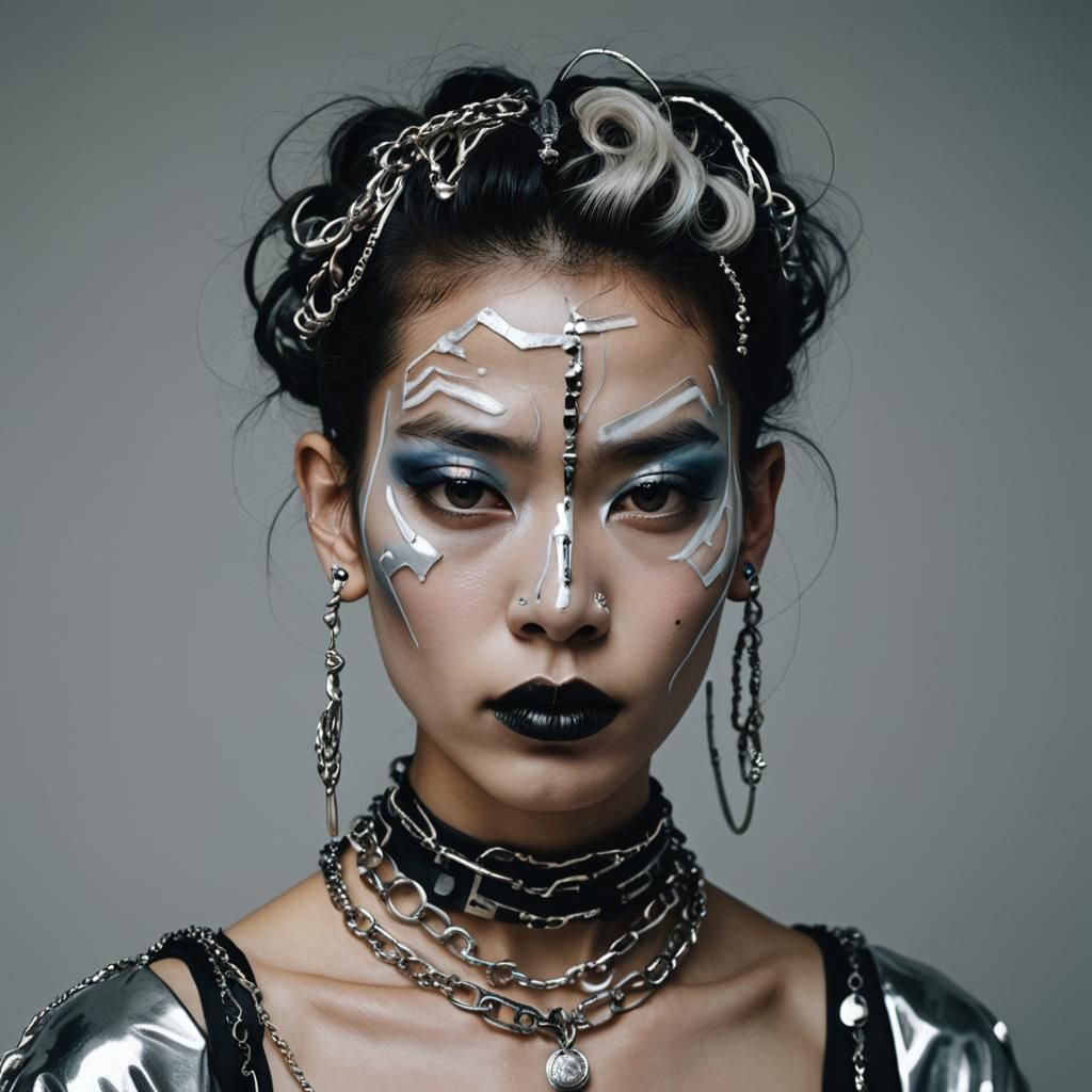 Avant-Garde Portrait with Silver Piercings in Dark Romantici...