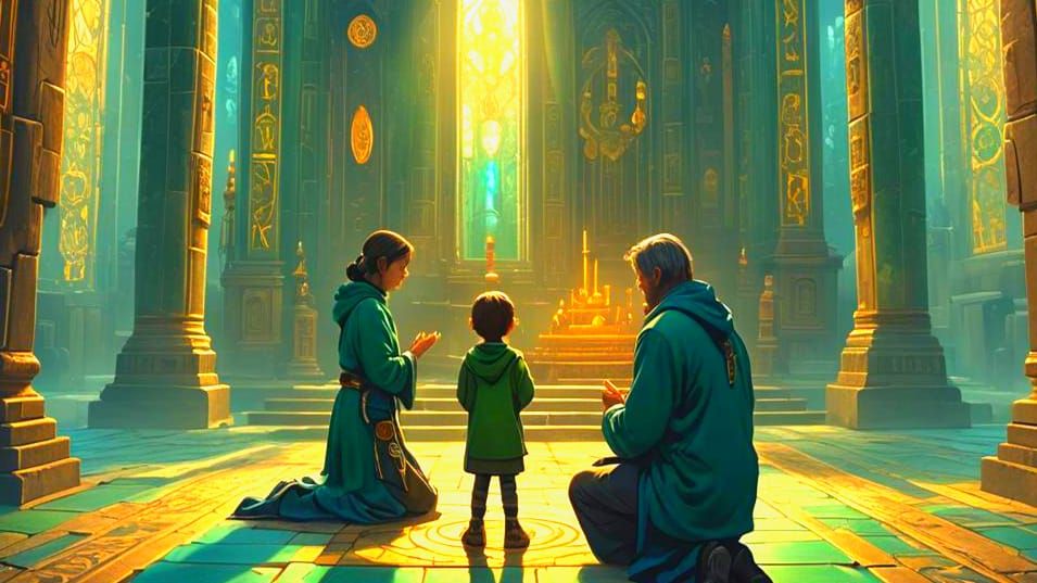 Family Praying: Detailed Matte Painting in Deep Color