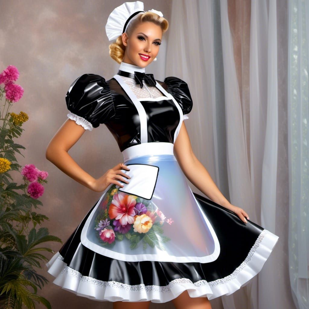 See-Through Latex French Maid Outfit with Flowers