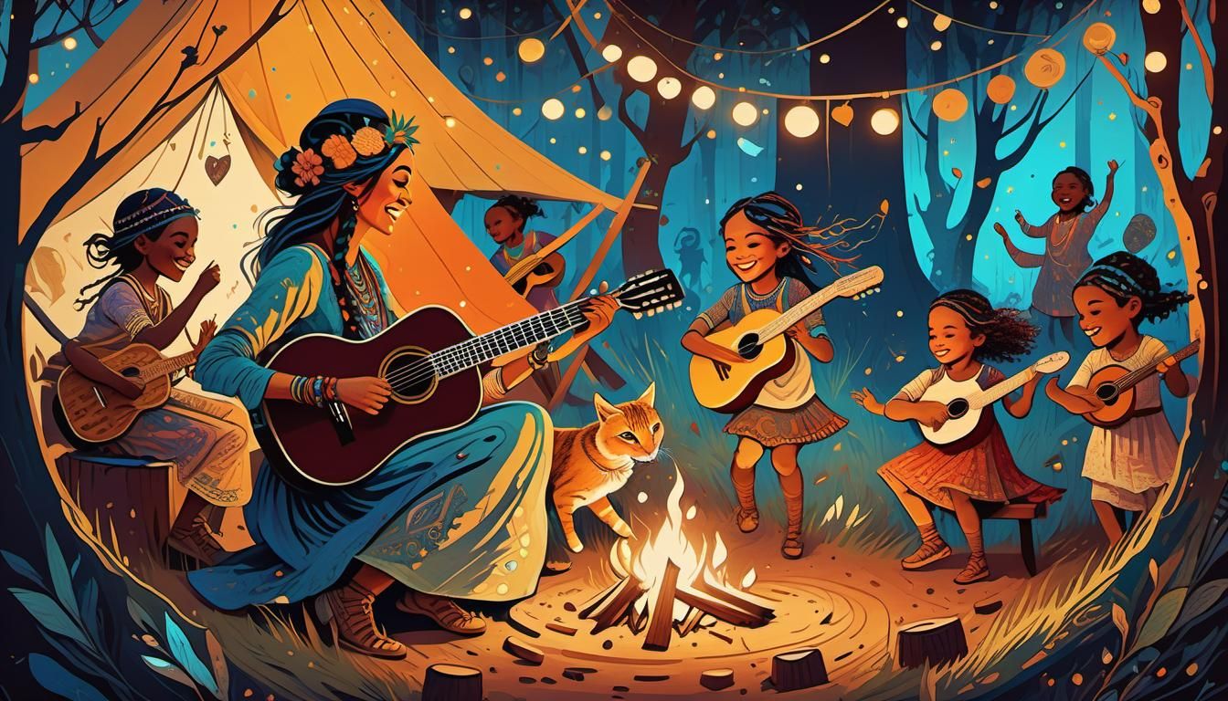 Cheerful Bohemian Girl's Gypsy Camp Dance