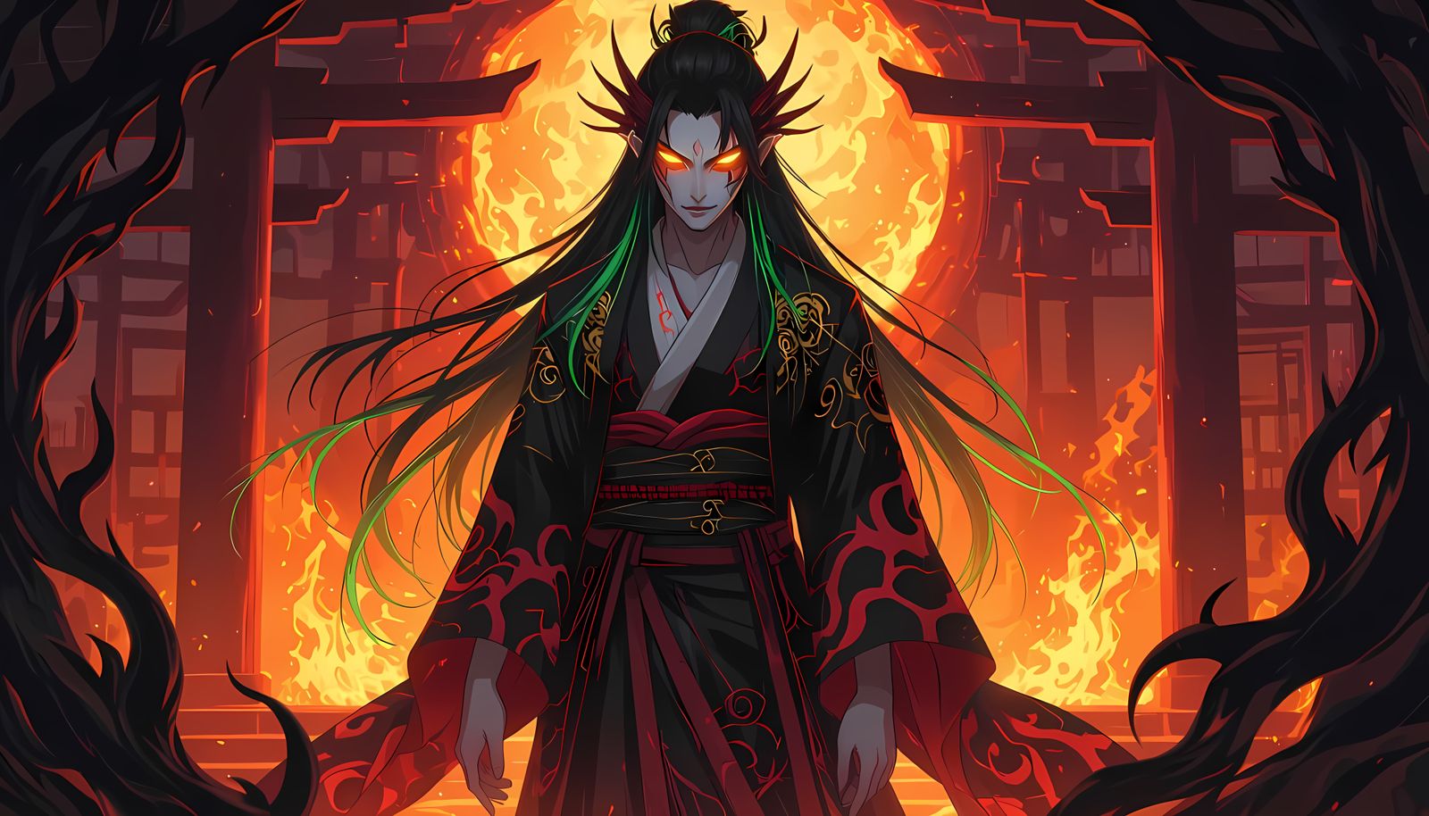 Anime Demon with Fiery Temple Background
