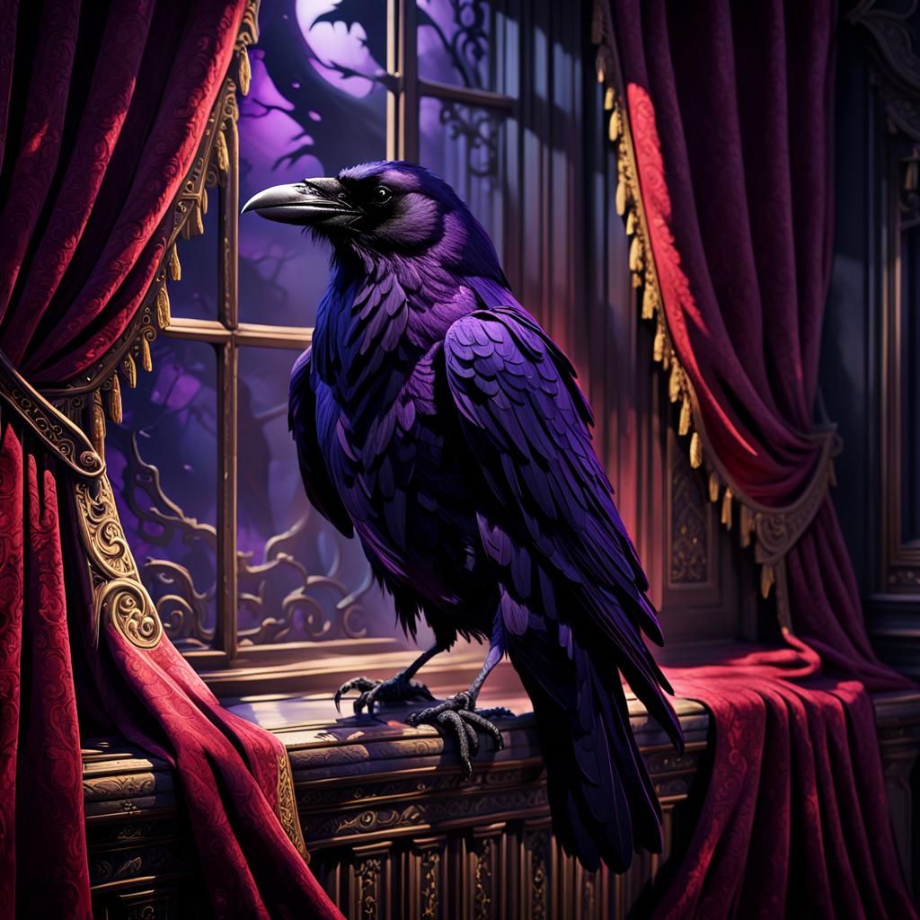 Mysterious Raven on Crimson Curtain, Dark Fantasy Art