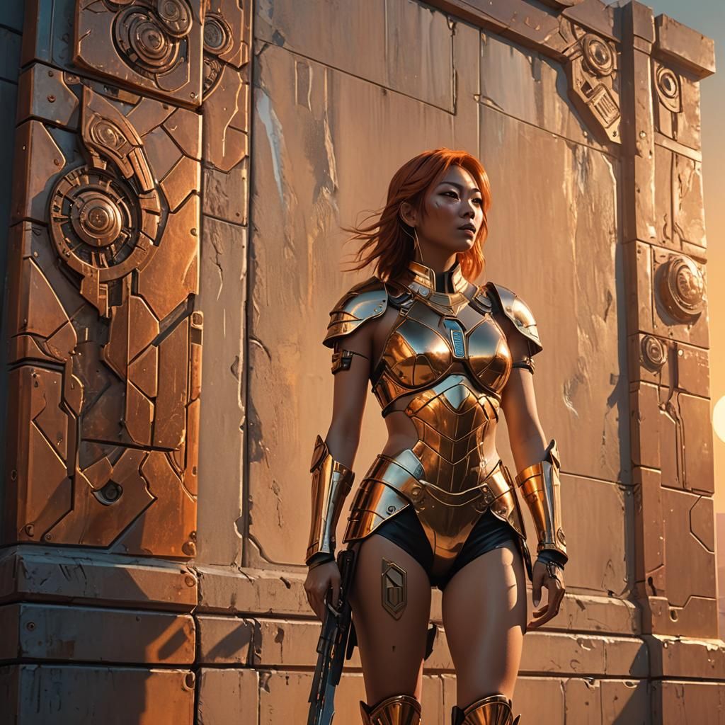 Cyberpunk Gladiator: Woman in Golden Armor at Sunset