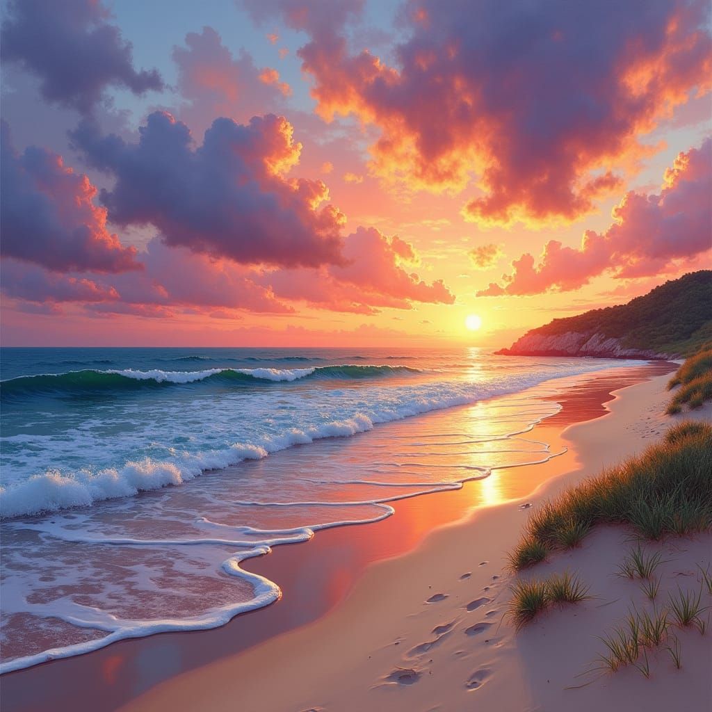 Golden Sunset on a Calm Beach, Impressionistic Style