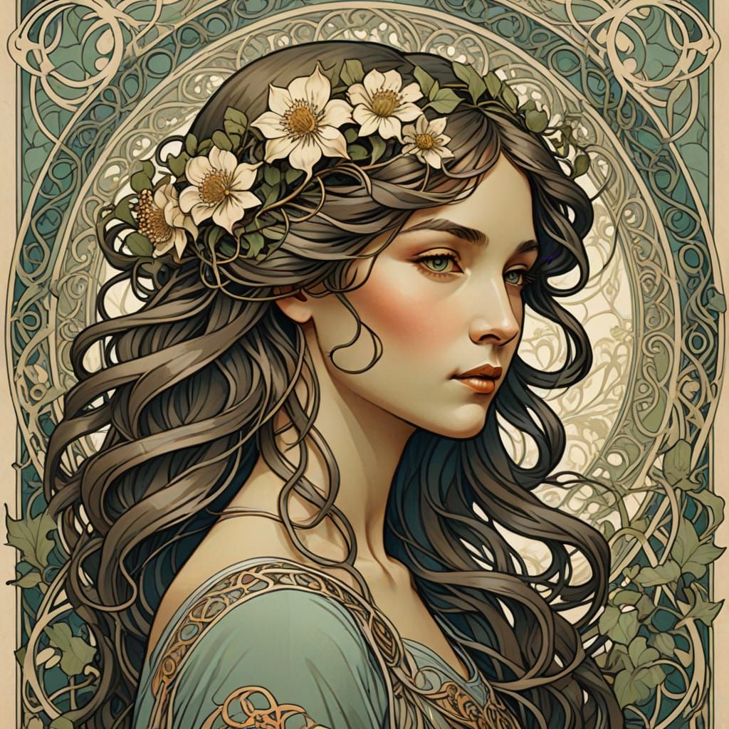 Art Nouveau Portrait of a Woman with Flowers