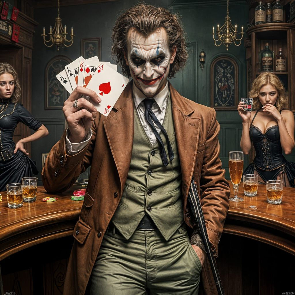 Joker Wears Wild West Gamblers Outfit Holding Up Aces