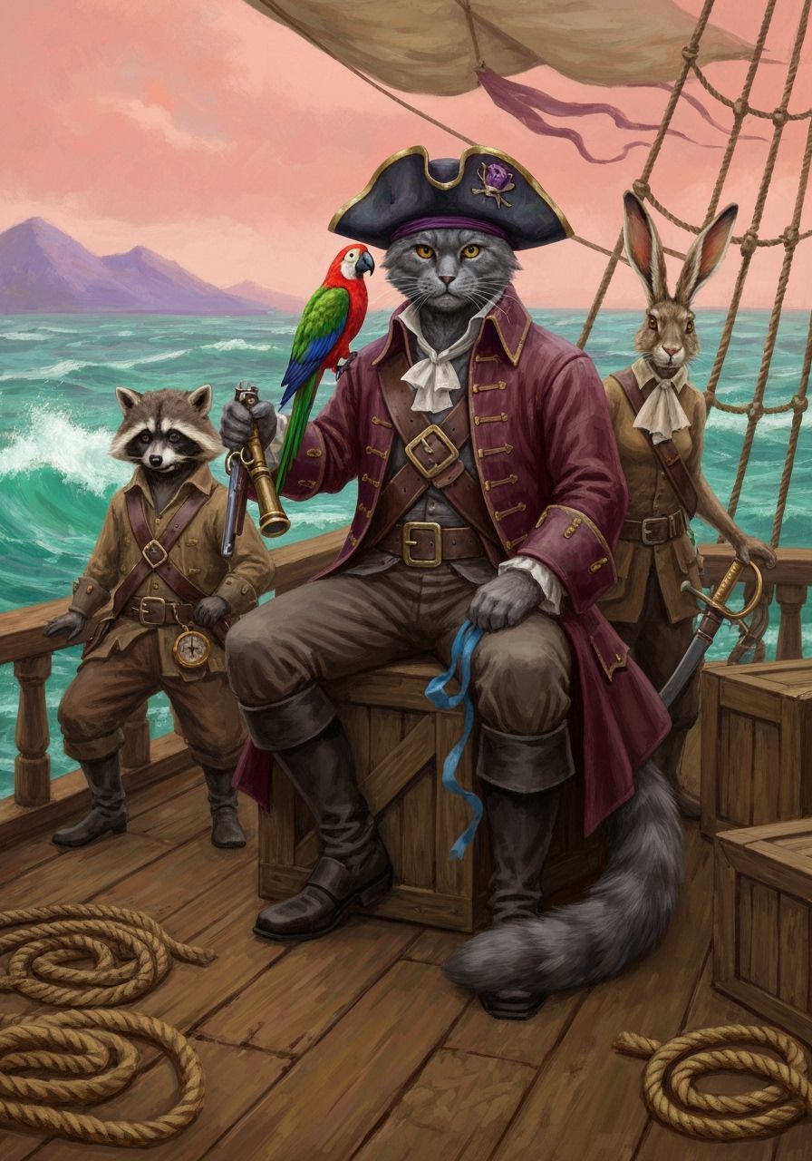 Feline Pirate Captain Portrait in Impressionist Style