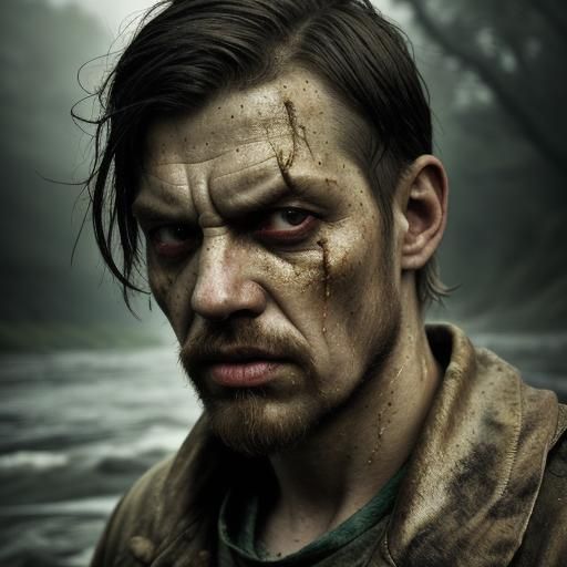 Hyper-Realistic Digital Art: Obese Creature's River Journey