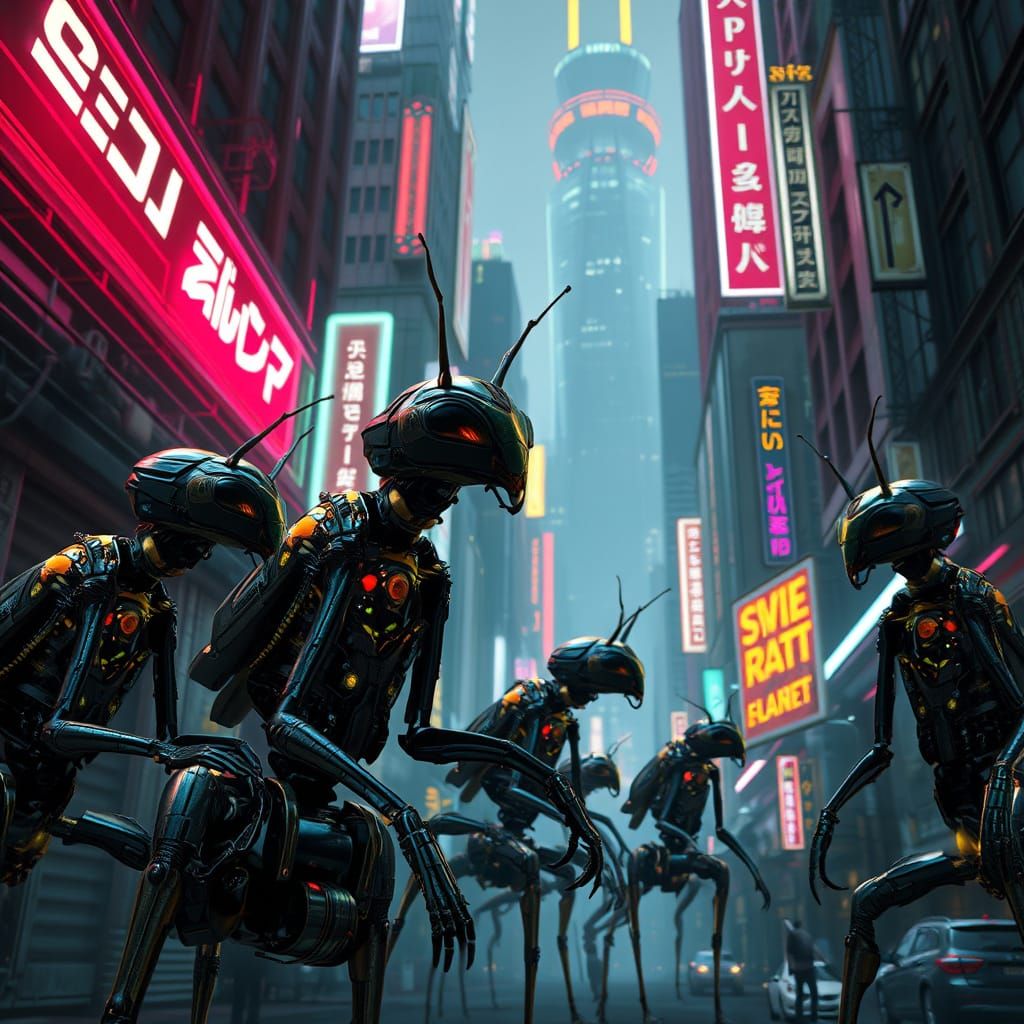 Cyberpunk Ant People in Neon Cityscape