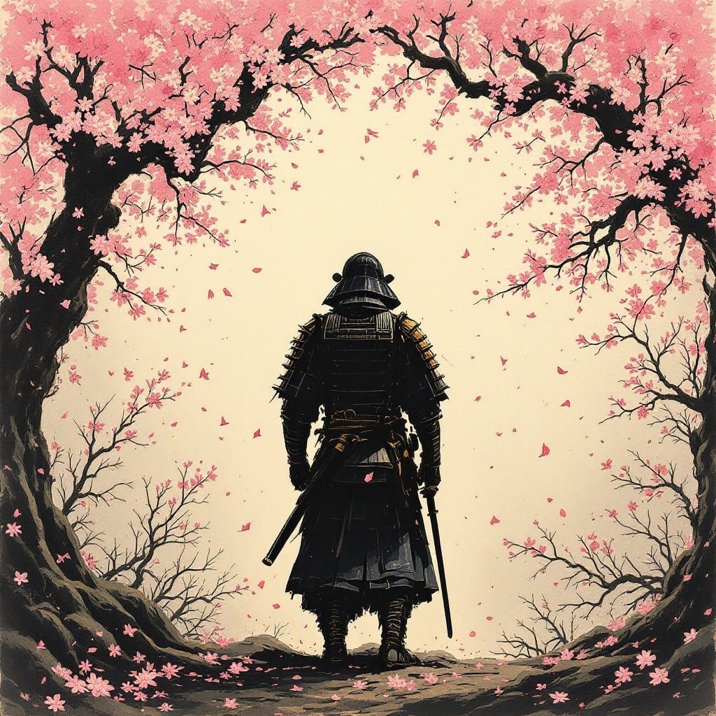 Surreal Samurai in Cherry Blossom Arch