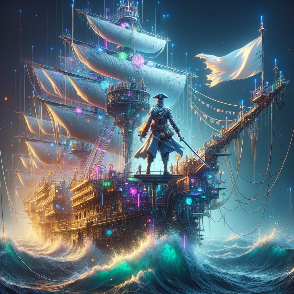 Cyber Pirate Parleying on a Futuristic Ship