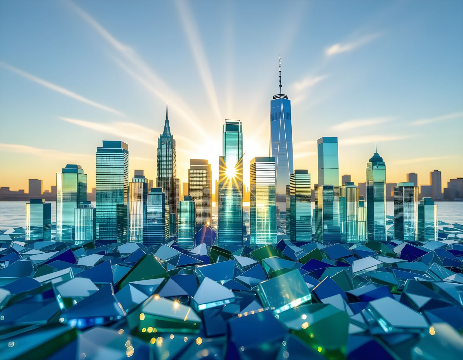 Vibrant Sea Glass City Skyline in Fractal Spirograph Style