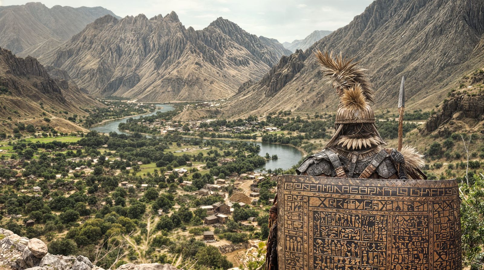 Ancient Warrior Stands Vigilant Over Mesopotamian Town