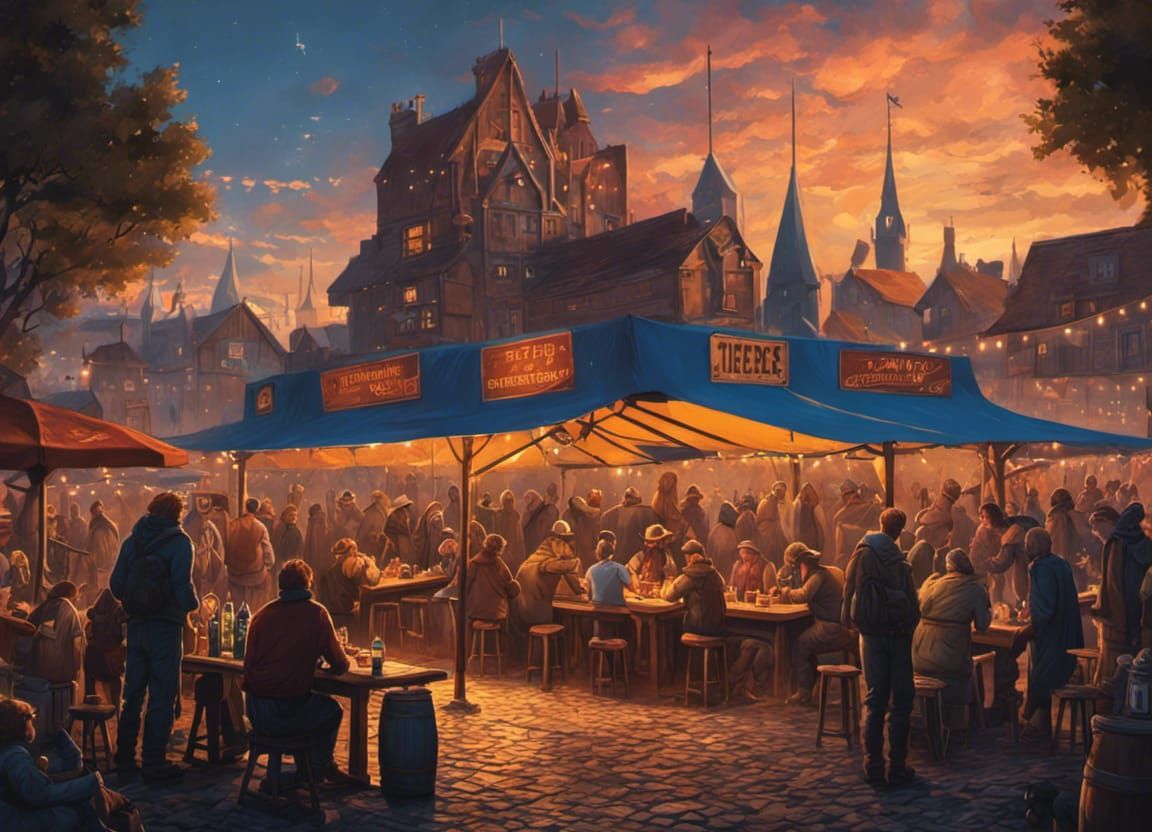 Lively Beer Festival in Medieval Town Under Starry Sky