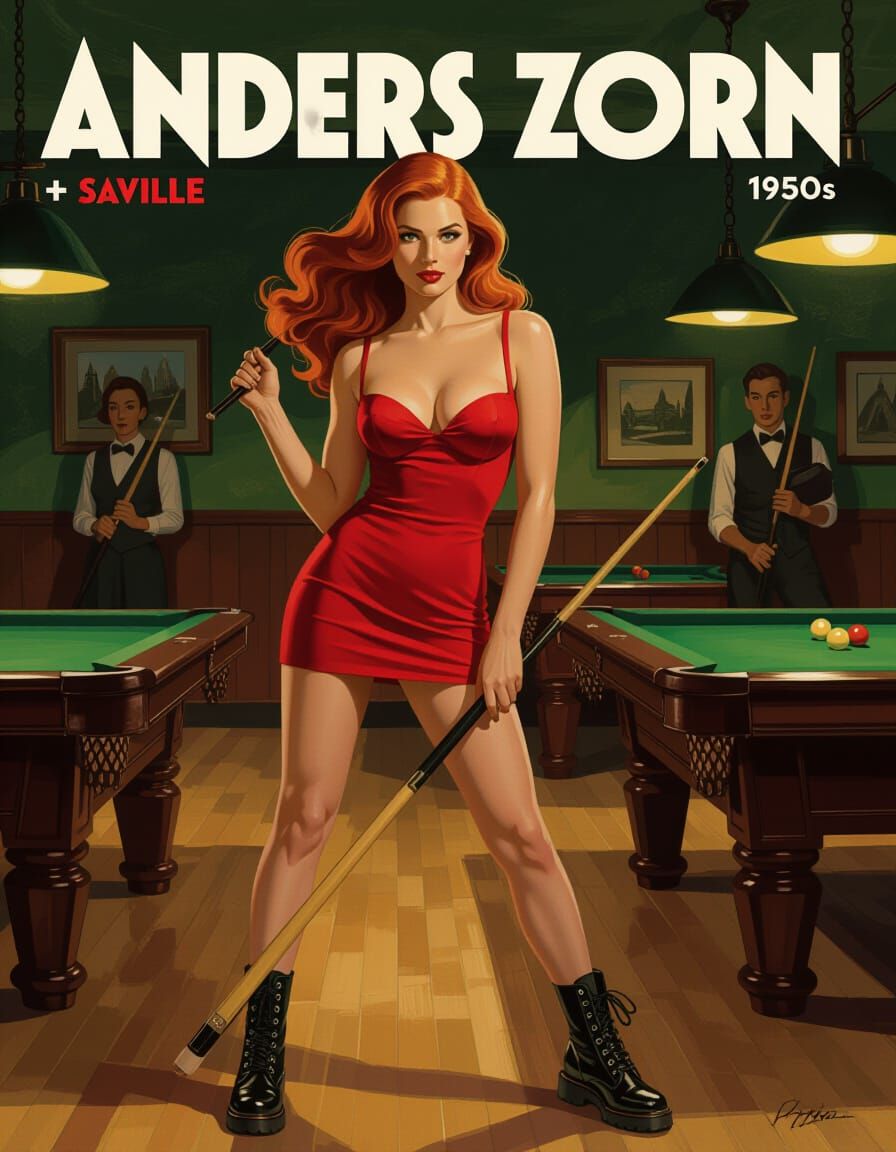 Confident Woman in Pool Hall, Impasto Pulp Style