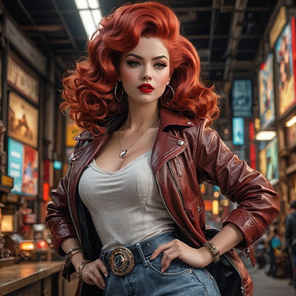 23 year old female, 1950’s red bouffant hair, black eyeliner, red lipstick, black leather jacket, jeans, metal belt buck...