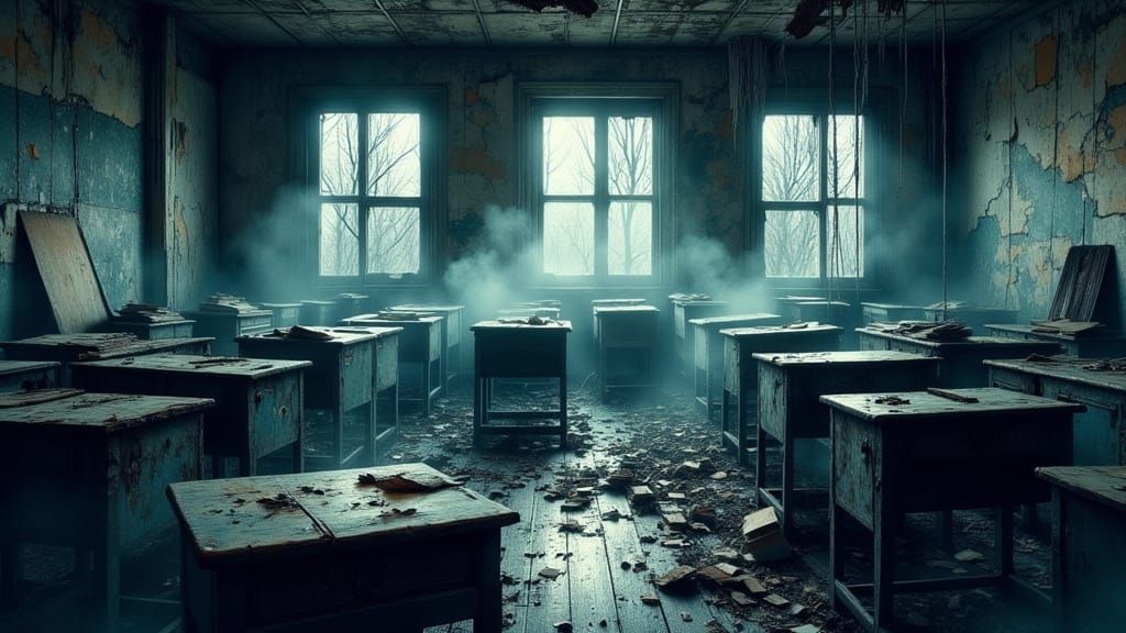 Haunting Abandoned Schoolroom Scene in Dark, Muted Tones