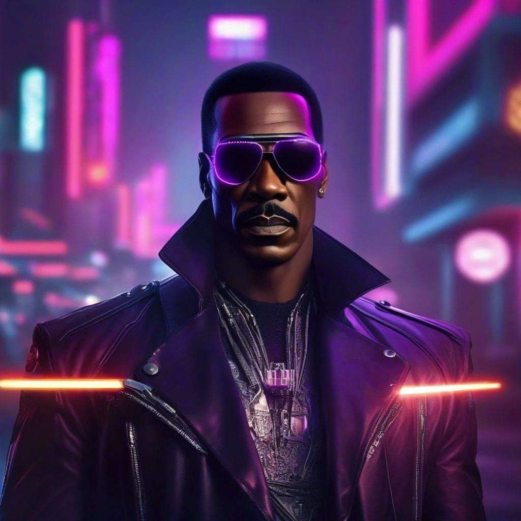 Eddie Murphy as Blade Runner, WLOP, tom bagshaw, Photo Taken on Nikon D750, Scenic, Hyper-Realistic, Hyper-Detailed, 36k
