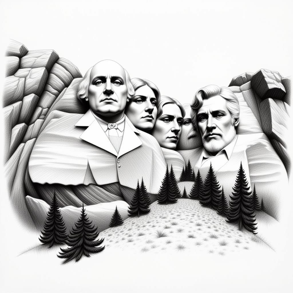 Surreal Pencil Sketch of Mount Rushmore in a Flux State