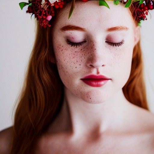 Redhead Maiden Headshot with Flower Crown, Vogue Style