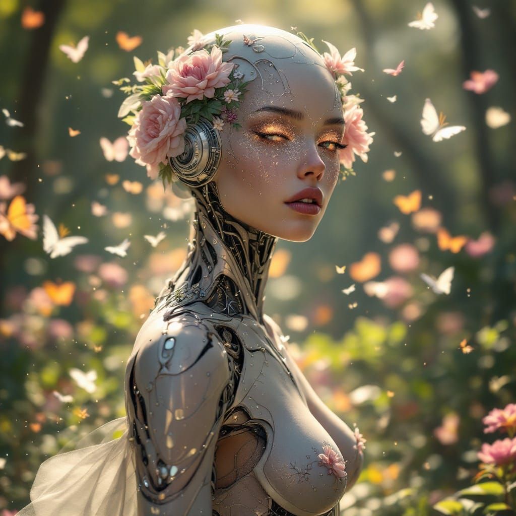 Cyborg Goddess Radiates Elegant Futurism in Sunlit Haven