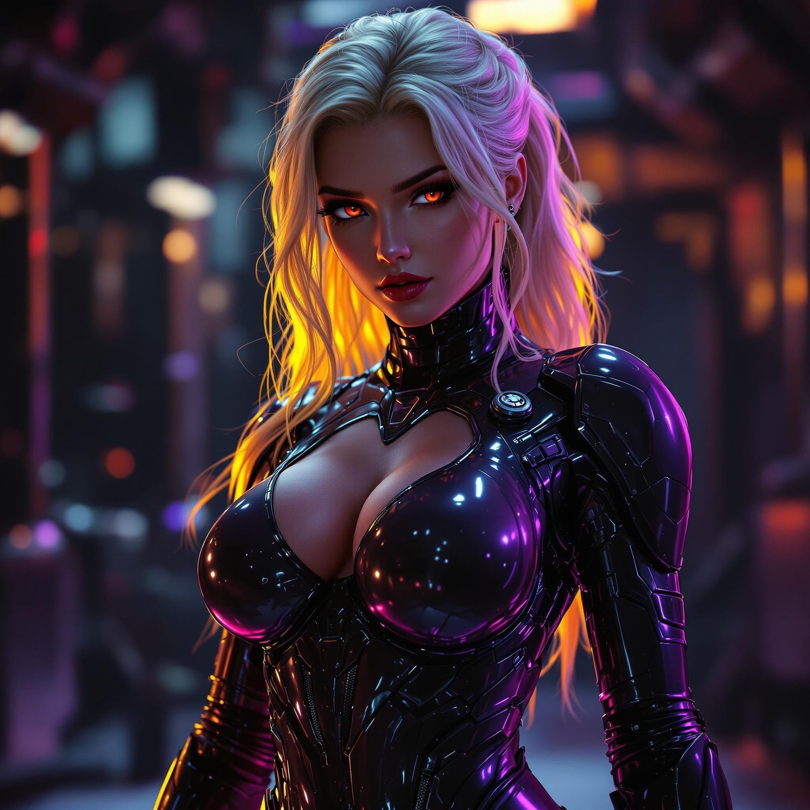 Blonde Woman in Latex Armor with Red Eyes
