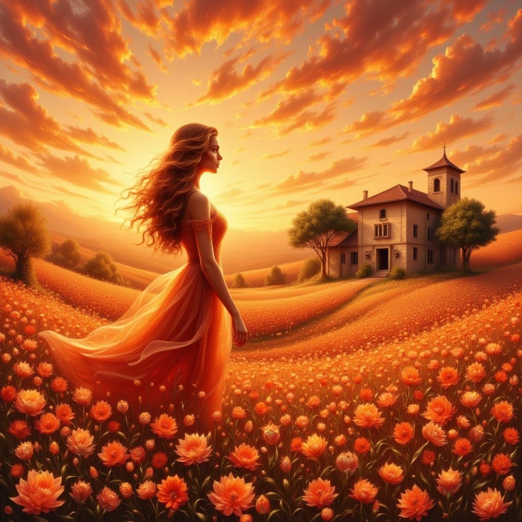 Woman in Orange Dress at Sunset, 8bit Style