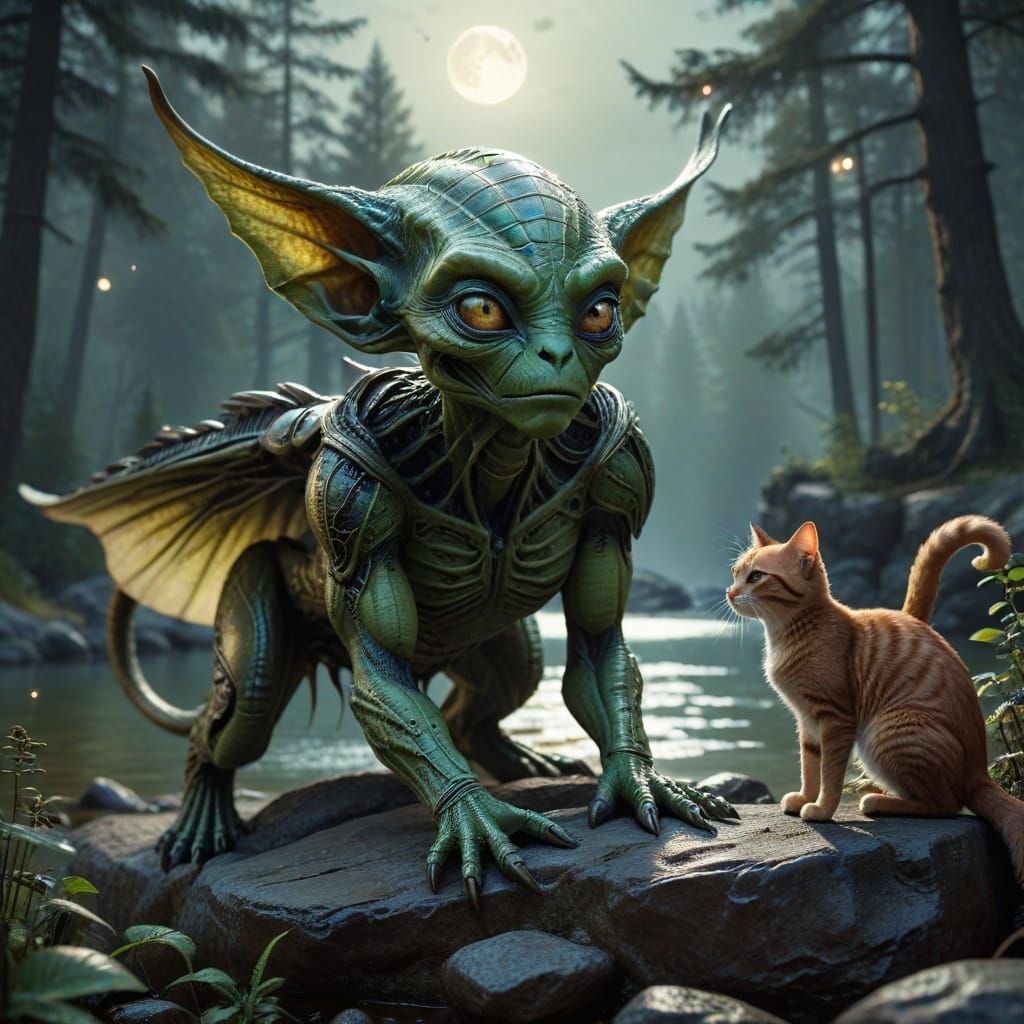 Alien, Cat, and Dog Shake Hands Under Moonlit Sky