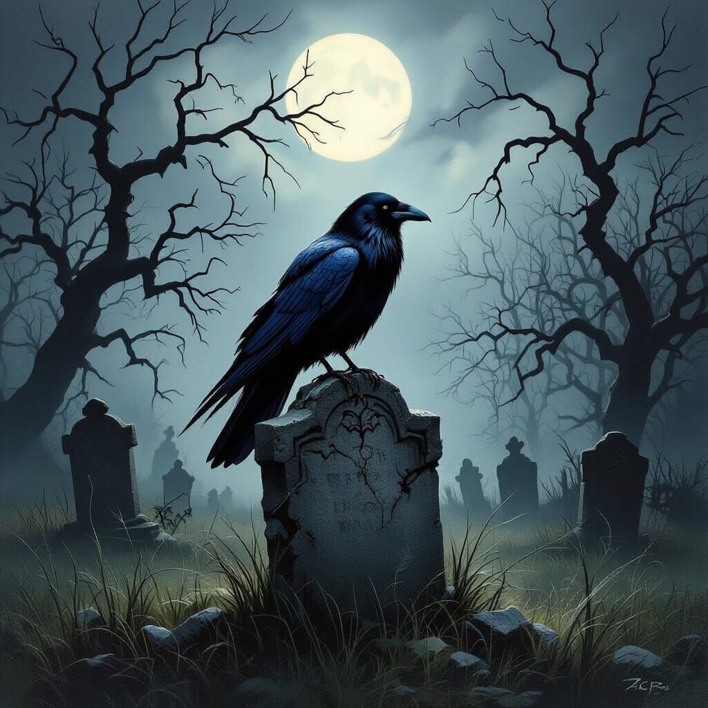 Gothic Raven on Cracked Tombstone by Ethereal Moonlight