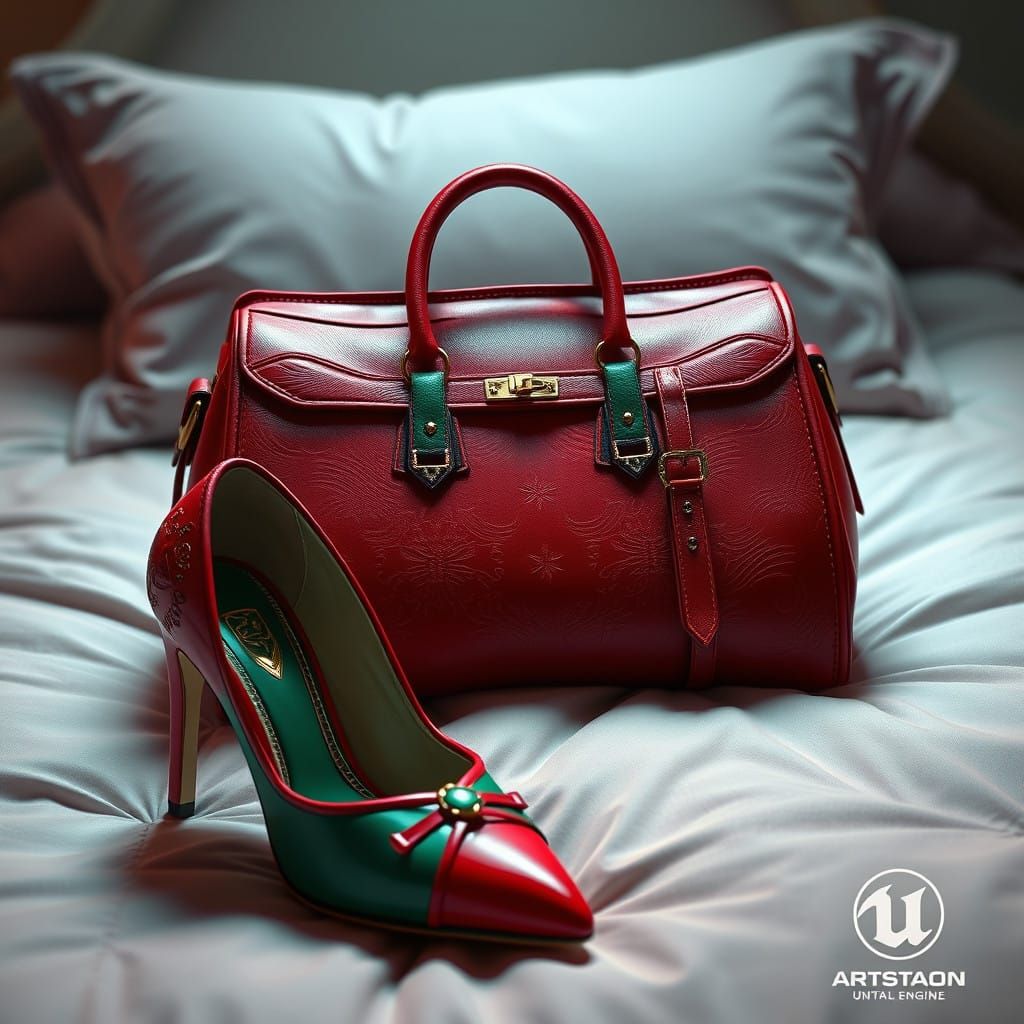 Ethereal Fantasy Heels and Purse on a Luxurious Bed