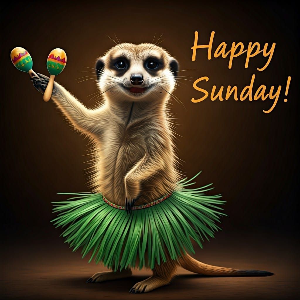 A meerkat smiling and dancing with a hula skirt and maracas....