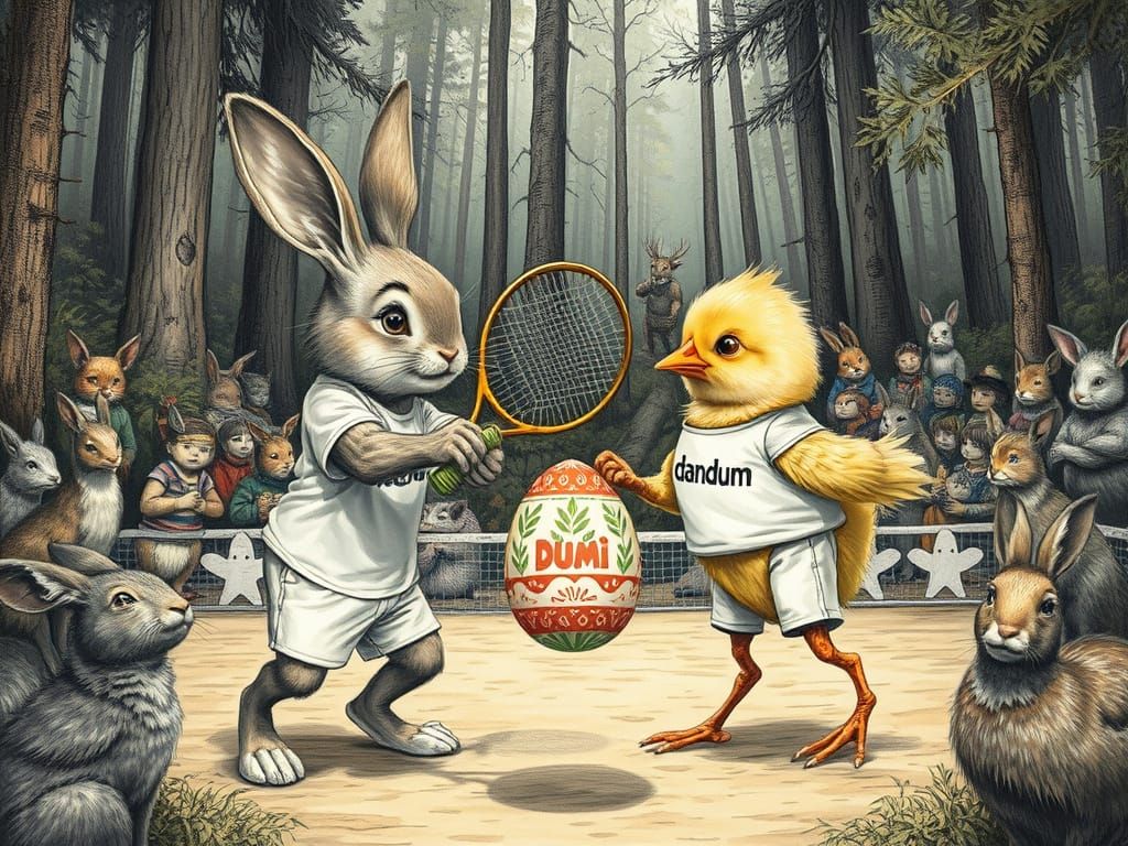 Bunny and Chick Tennis Match in Forest Arena