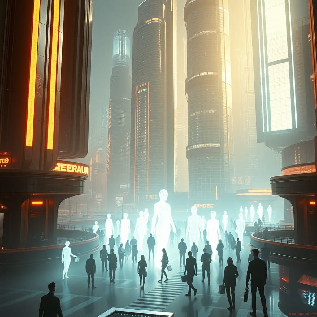 Beings of Light Convene in Futuristic Cityscape