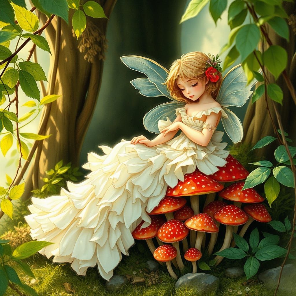 Whimsical Forest Nymph in Flower Petal Dress, Surrounded by ...