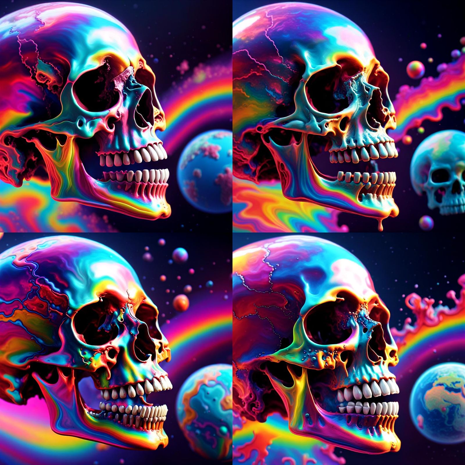 Psychedelic Rainbow Skull Devouring Earth in Vivid Colors