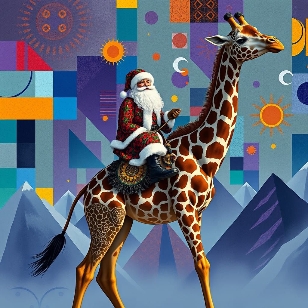 Santa on a Tattooed Giraffe in Fauvist-Suprematist Style