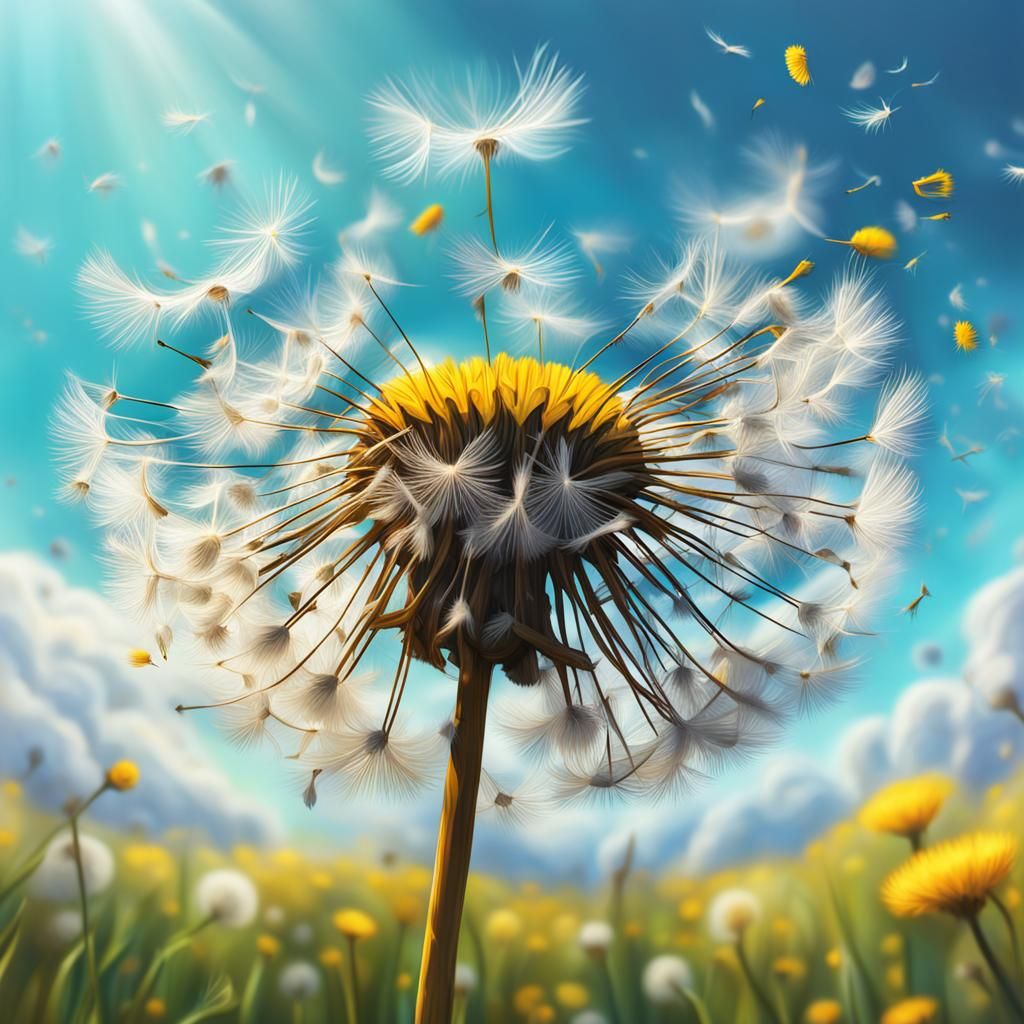 Hyperrealistic Spring Meadow with Dandelion Seeds