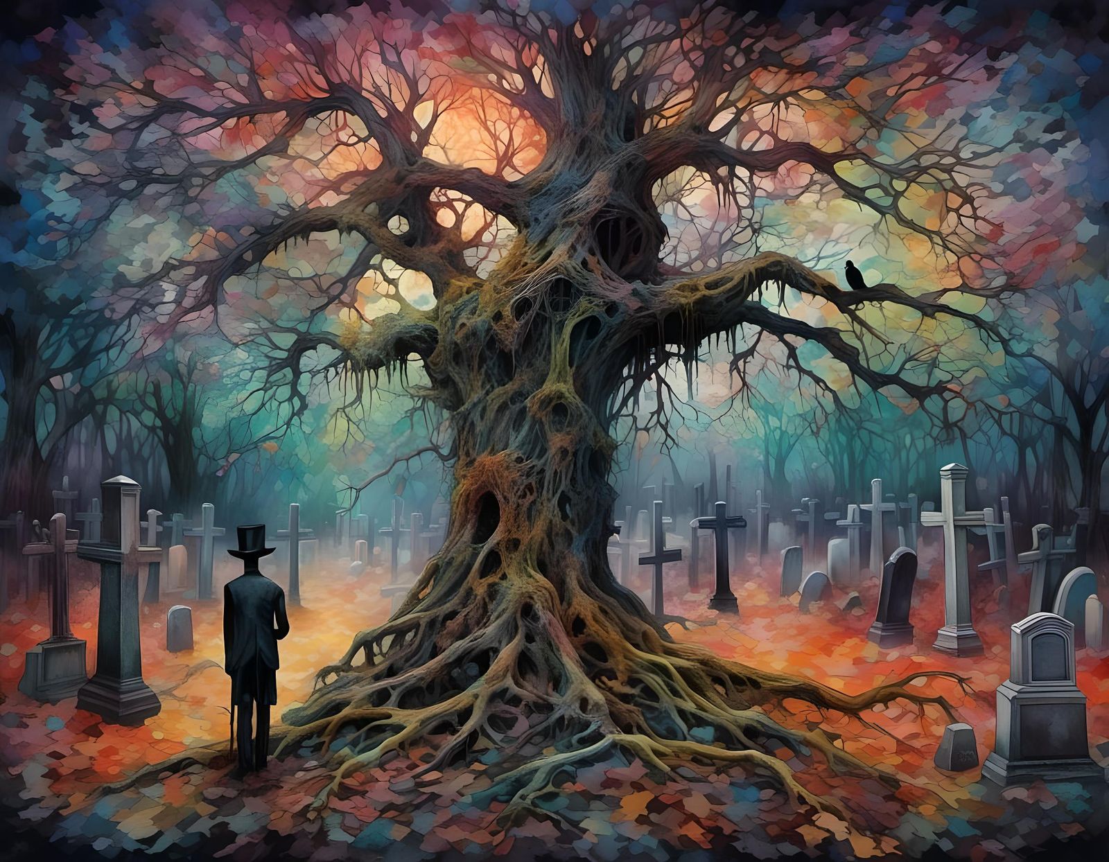 Grotesque Cemetery: Vivid Watercolor Swamp Tree