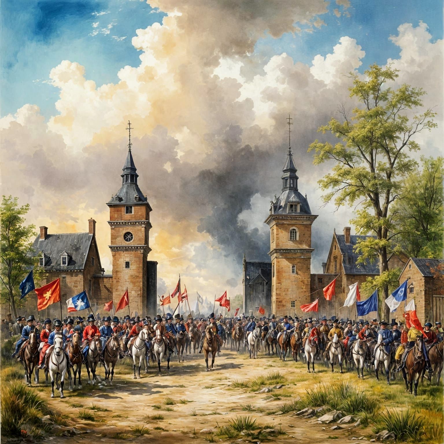 Historical Battle Scene in Watercolor and Ink