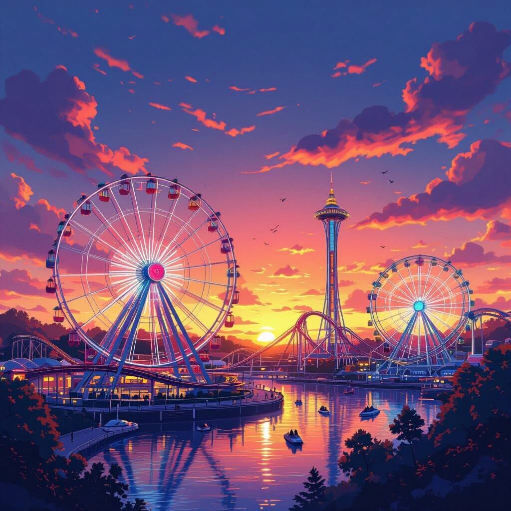 Futuristic Theme Park at Sunset, Dreamlike Aesthetic